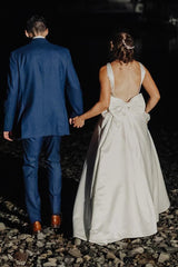 Ivory Satin Bateau Beaded Wedding Guest Dress With Bow TN348
