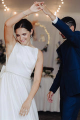 Ivory Satin Bateau Beaded Wedding Guest Dress With Bow TN348