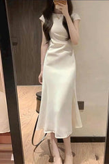 White Satin Boat Neck Tea Length Prom Dress