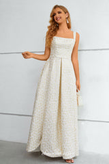 White Satin Gold Lace Square Neck A-line Side Slit Prom Dresses, CP0913