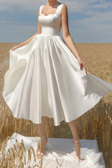 White Satin Sleeveless Knee Length Simple Wedding Dresses, CW0311