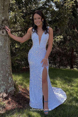White Sequined Tulle Sexy Open Back Side Slit Mermaid Prom Dresses, CP0885