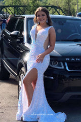 White Sequined Tulle Sexy Open Back Side Slit Mermaid Prom Dresses, CP0885