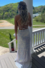 White Iridescent Sequins Formal Dress Long Backless Mermaid Prom Dresses