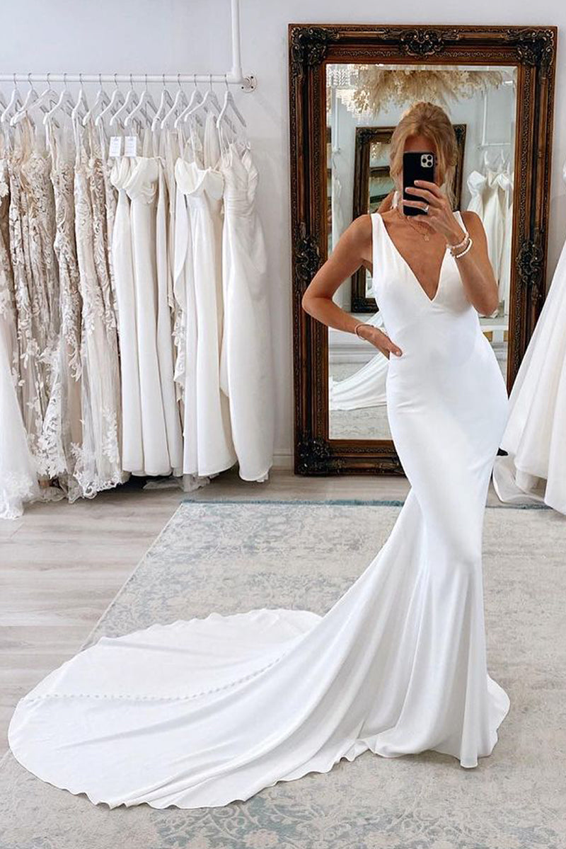 White Soft Satin V Neck Wedding Dresses Pearls Mermaid Backless