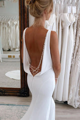White Soft Satin V Neck Wedding Dresses Pearls Mermaid Backless