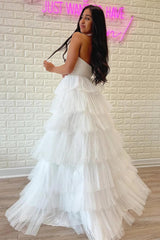 White Strapless Tiered A-Line Long Prom Evening Dress With Ruffles TP1204
