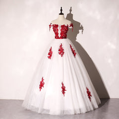 White Tulle Scoop Long Formal Dress with Red Lace, Lovely Red Formal Dress Prom Dress