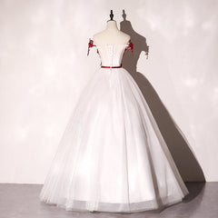 White Tulle Scoop Long Formal Dress with Red Lace, Lovely Red Formal Dress Prom Dress