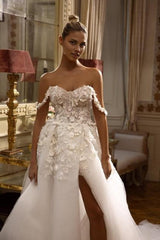White off shoulder A-line lace bridal gown