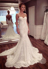 Lace Spaghetti Strap Mermaid Wedding Dress Latest Court Train Open Back Bridal Gowns