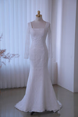 Square neck lace wedding dress with long sleeves fit mermaid bridal dress with small train wedding gown lace bridal dress beach wedding