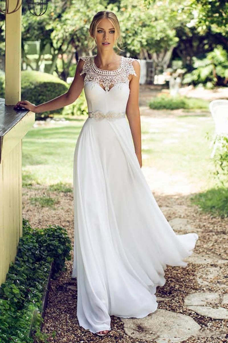 Vintage Lace Chiffon Wedding Dresses Long Bridal Dresses for Outfoor Wedding