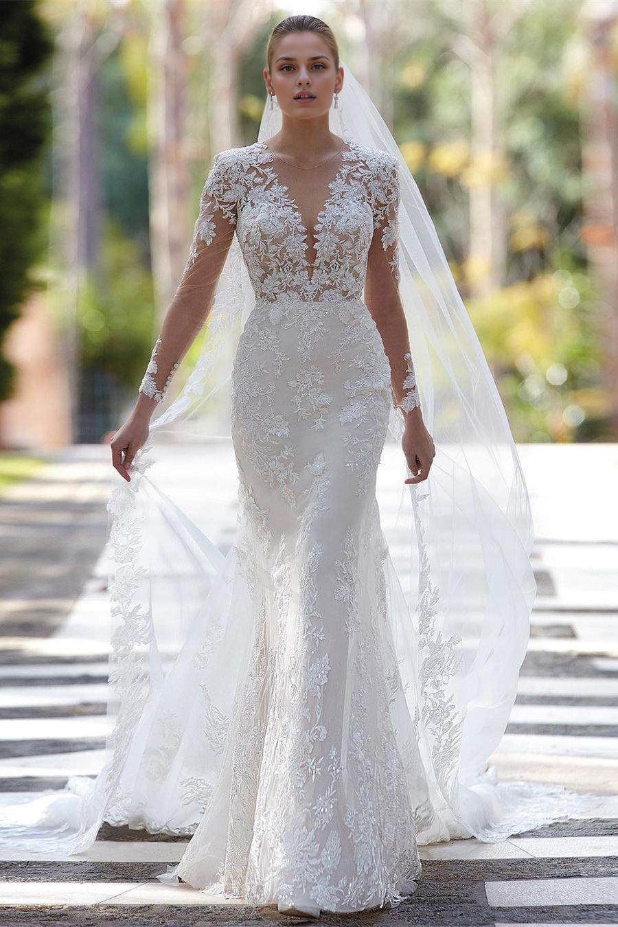 V-Neck Mermaid Bridal Dresses Appliques Long SleevesWith Lace Appliques