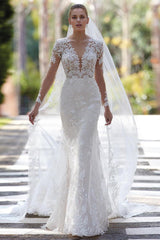 V-Neck Mermaid Bridal Dresses Appliques Long SleevesWith Lace Appliques