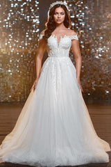 Off shoulder lace wedding dress with long sleeves
