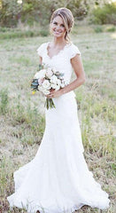 V-Neck White Lace Wedding Gowns Chiffon Short Sleeve Plus Size Bridal Dress