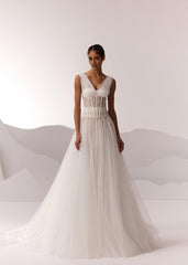 White Corset Bodice Tulle Wedding Dress with Plunging Neckline and Long Train