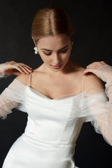 Minimalistic Wedding Dress With Sleeves Off-shoulder Minimalistic Wedding Dress Elegant Satin Wedding Dress