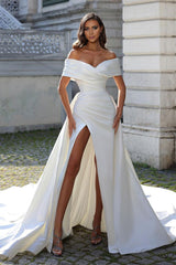 Long White Off-the-shoulder Split Front Bridal Dress