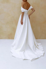 Dropped Sleeves Satin Wedding Dress Corset And Puffy Skirt With A Train Simple Satin Wedding Dress Simple Satin Dress Dress With Train