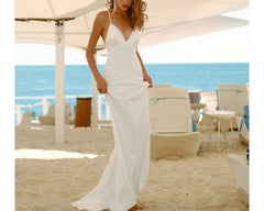 Simple Lace Up Wedding Dress for Bride Backless Bridal Gown Boho Mermaid Tie Up Custom V neck dress for Her Satin Wedding dress Beach Dress