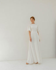 Floor Length Dress Satin Wedding Dress Flutter Sleeves Dress