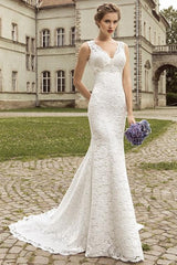 Lace Sheath Appliques Bridal Dress Court Train V Neck Wedding Dress