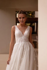 White V-Neck Lace Wedding Dress with Flowing Tulle Train
