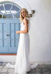 Beach Wedding Dresses Lace Chiffon Backless Bridal Dress with Sash