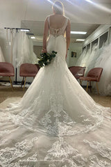 V-Neck Mermaid White Long Wedding Dress with Lace
