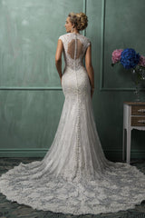 V-Neck Lace Mermaid Wedding Dress Cap Sleeve Custom Made Bridal Gown