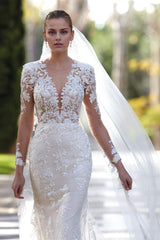 V-Neck Mermaid Bridal Dresses Appliques Long SleevesWith Lace Appliques