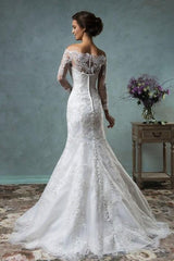 Off the Shoulder Detachable Train Wedding Dresses Long Sleeve Lace Bride Dress