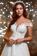 Off shoulder lace wedding dress with long sleeves