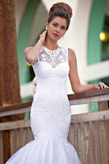 Mermaid Lace Wedding Dresses Jewel Sleeveless Floor Length Bridal Gowns