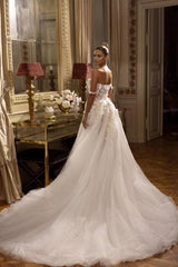 White off shoulder A-line lace bridal gown