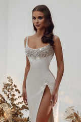 Sparkling square sleeveless satin pearl wedding dress