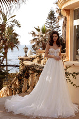 White Sparkling Sheer Lace Wedding Dress with Flowing Train