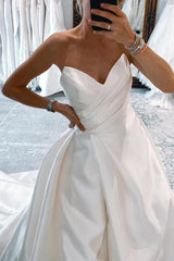 White Satin Long A-Line Wedding Dress with Slit