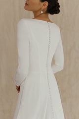 Long sleeve and high back crepe wedding dress Simple winter bridal gown reception dress modern wedding dress