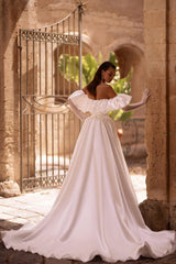 Off-Shoulder Satin Wedding Gown with Corset and Train White Bridal Dress