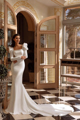 White Silk Wedding Dress with Regal Train and Puffed Long Sleeves