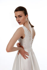 Elegant Satin Wedding Dress With Floral Lace Open Back Simple Wedding Dress A-line Modest Wedding Dress Ballgown Wedding Dress