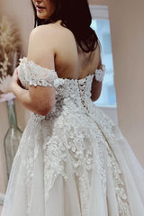 Off shoulder strapless A-line lace chiffon bridal gown