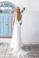 Beach Wedding Dresses Lace Chiffon Backless Bridal Dress with Sash