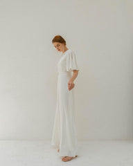 Floor Length Dress Satin Wedding Dress Flutter Sleeves Dress