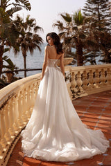 White Sparkling Sheer Lace Wedding Dress with Flowing Train