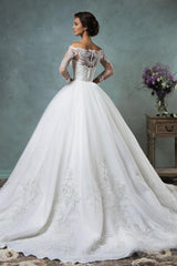 Off the Shoulder Detachable Train Wedding Dresses Long Sleeve Lace Bride Dress