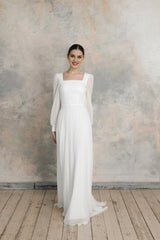 Simple wedding dress with square neckline long sleeves elegant wedding dress